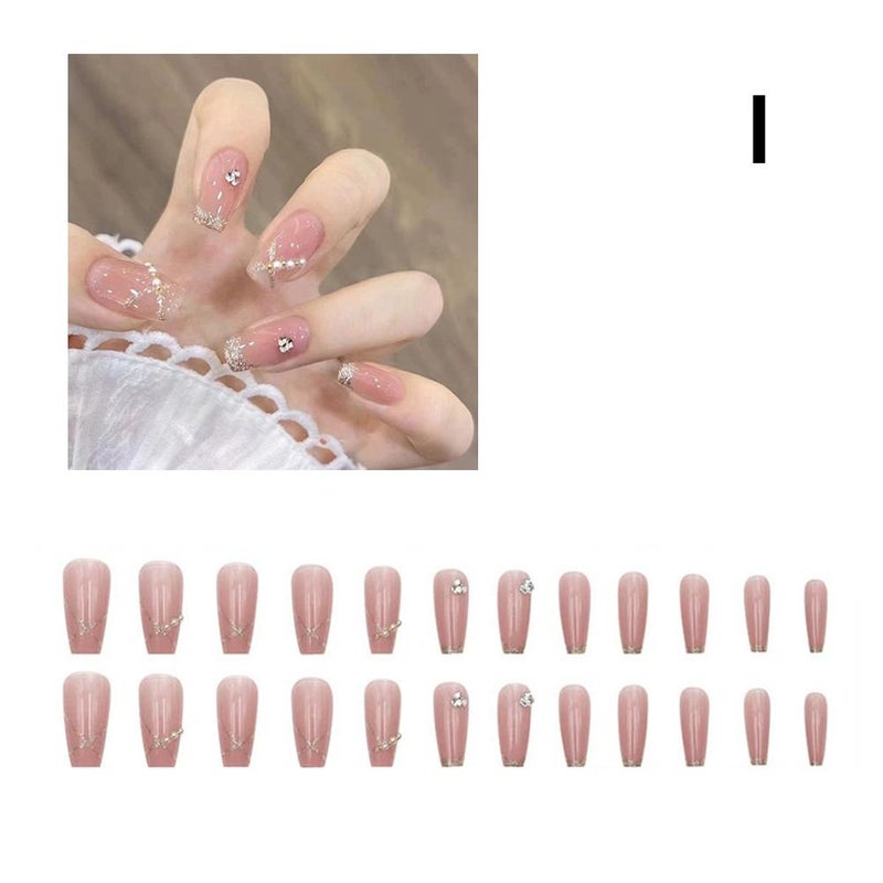 French manicure with nude false nails, brightens skin tone, detachable false nail stickers with glitter, 24pcs